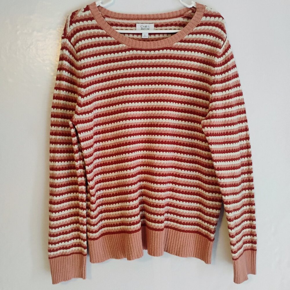 Croft & Barrow L Striped Textured Knit Crewneck Sweater Coral Red Cream - Picture 2 of 4